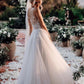 Elegant A Line V Neck Tulle Wedding Dresses with Flowers, V Back Beach Wedding Gowns SJS15513