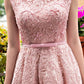 New Arrival Bateau Lace With Beads And Sash A Line Prom Dresses