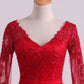 Red V-Neck Evening Dresses Mermaid With Applique Lace And Tulle