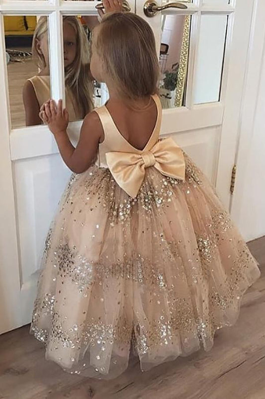 Princess Ball Gown Champagne Sequins Bowknot V Back Flower Girl Dresses SRS15291