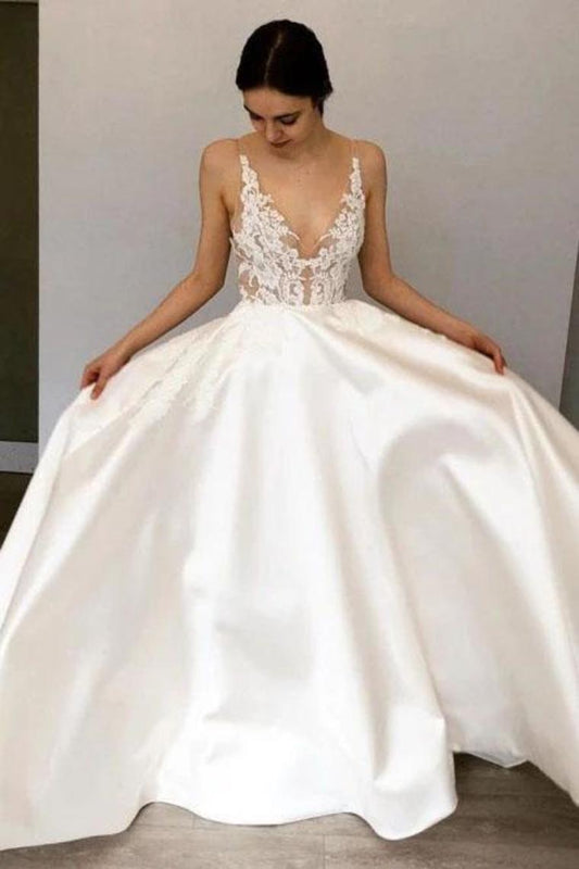Simple A-Line Deep V Neck Satin Ivory Wedding Dress With Lace SRSPR2KHCZB