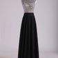 Scoop Prom Dresses A-Line Beaded Tulle Bodice Pick Up Long Chiffon Skirt