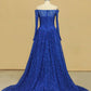 2024 Prom Dresses Boat Neck Long Sleeves A Line Tulle With Beading Sweep Train