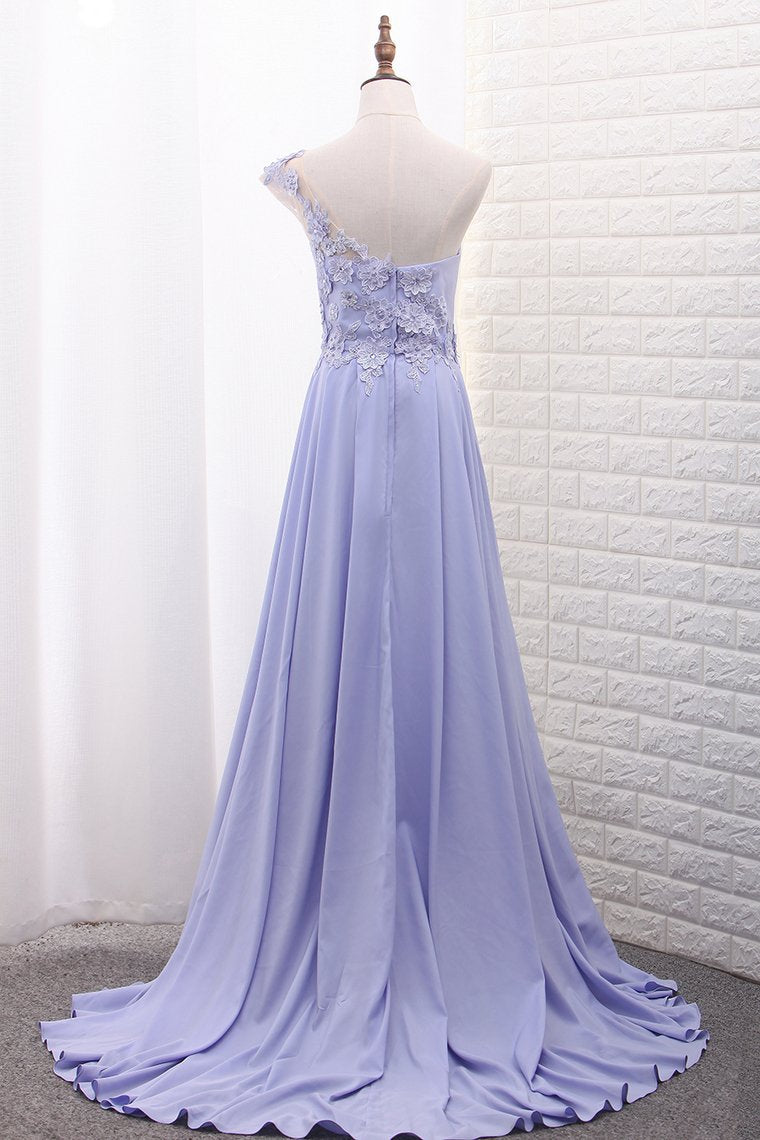 Satin Prom Dresses A Line One Shoulder With Handmade Flowers And Slit