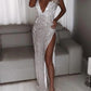 Silver Deep V-neck Long Prom Dresses High Split Sparkly Formal Dresses