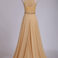 2024 A Line High Neck Prom Dresses Chiffon & Lace With Beads Sweep Train