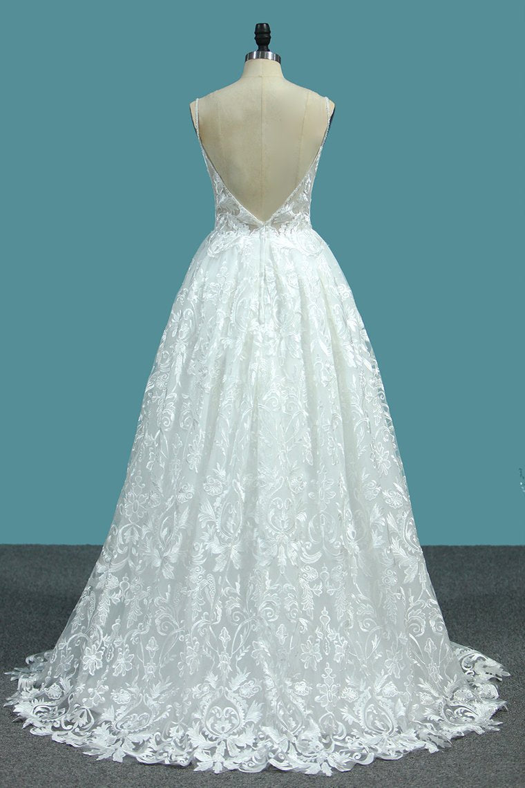 A Line Lace Wedding Dresses Spaghetti Straps With Beads Sweep Train