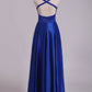 Scoop Prom Dresses A Line Open Back Stretch Satin With Slit Floor Length