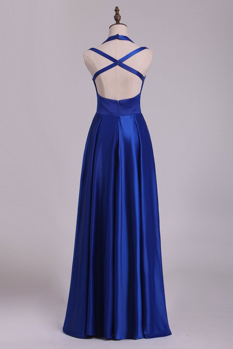 Scoop Prom Dresses A Line Open Back Stretch Satin With Slit Floor Length