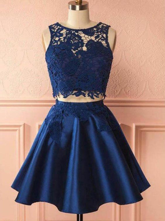 2 Pieces Navy Satin Lace Homecoming Dresses Megan Two Pieces Blue Party Dress