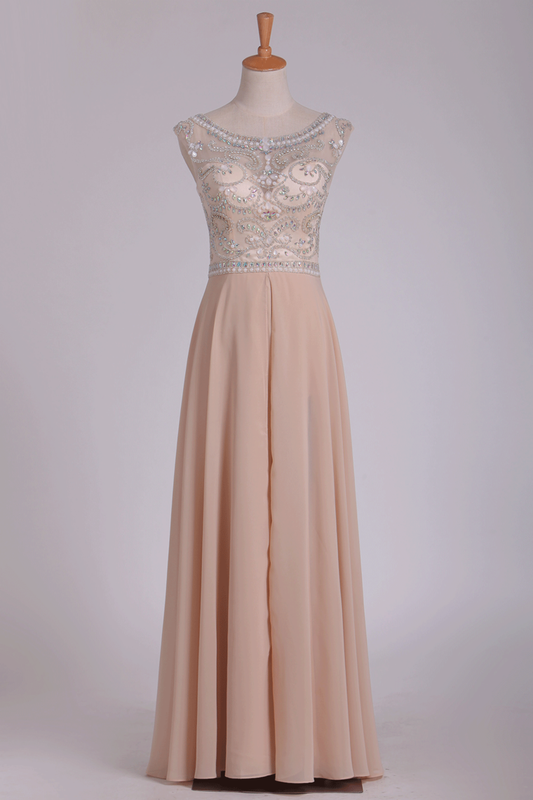2024 A Line Bateau Cap Sleeves Prom Dresses Chiffon With Beading And Slit