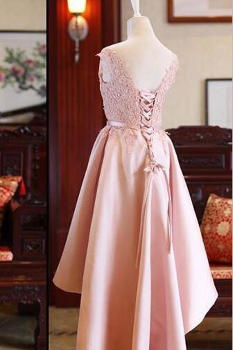 2024 New Arrival Satin Prom Dresses A Line Scoop Neck Lace Up Asymmetrical