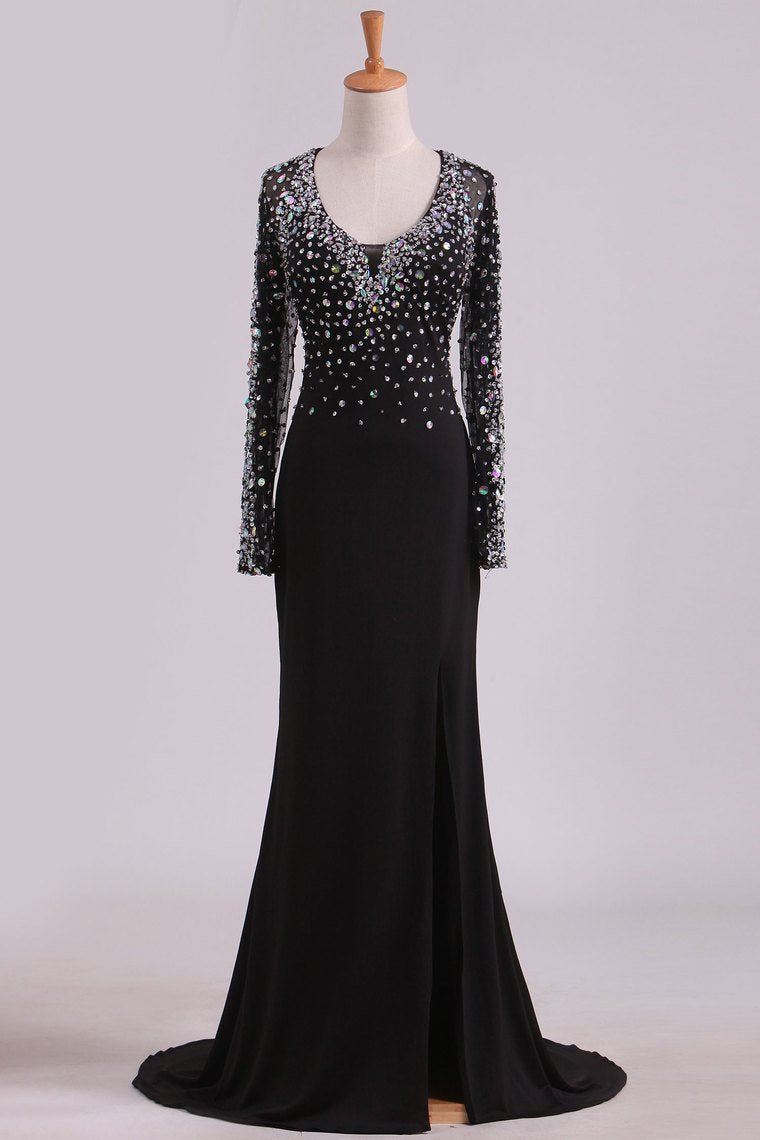 Open Back Long Sleeves With Beading And Slit Prom Dresses Sweep Train Spandex