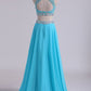 Bateau Two Pieces Prom Dresses A Line Beaded Bodice Open Back Floor Length Chiffon & Tulle