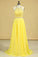 A Line Prom Dresses Halter Beaded Bodice Open Back Sweep Train Chiffon & Tulle Daffodil