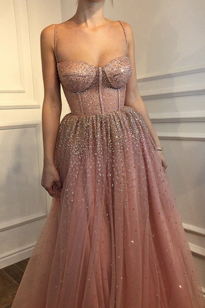 Sexy A-Line Spaghetti Straps Rhinestone Tulle Sweetheart Evening Dresses Pink Formal Dresses SRS15329