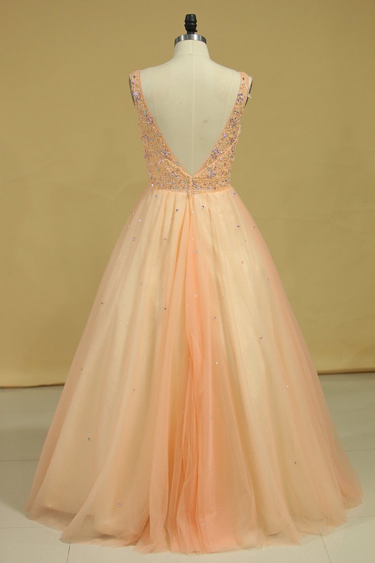 V Neck Beaded Bodice Floor Length Ball Gown Tulle Prom Dresses