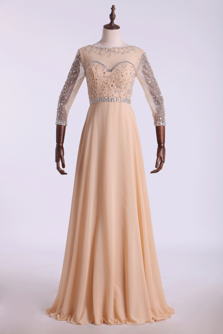 Prom Dresses Bateau 3/4 Length Sleeve A Line Chiffon With Beads