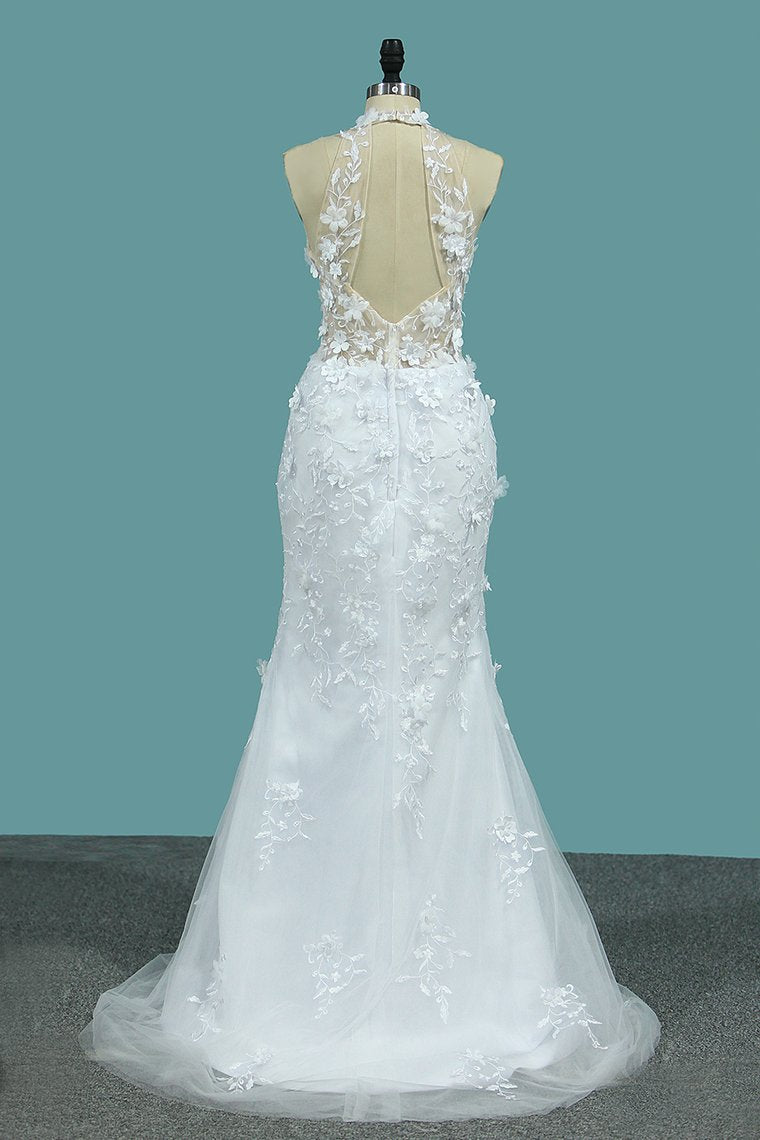 Wedding Dresses V Neck Mermaid Tulle With Applique And Handmade Flowers