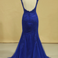 Plus Size Mermaid Open Back Evening Dresses Bateau Tulle With Applique Dark Royal Blue