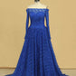 Prom Dresses Boat Neck Long Sleeves A Line Tulle With Beading Sweep Train