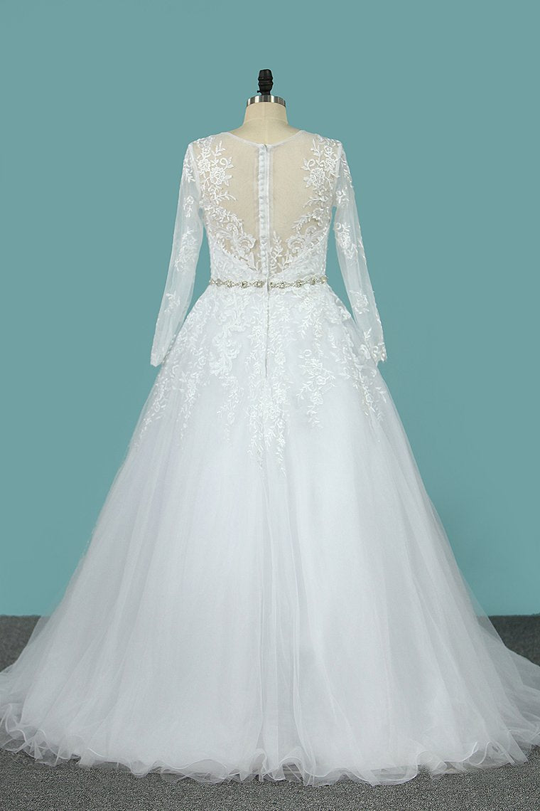 Wedding Dresses Scoop A Line With Beaded Belt Tulle With Appliques Sweep Train