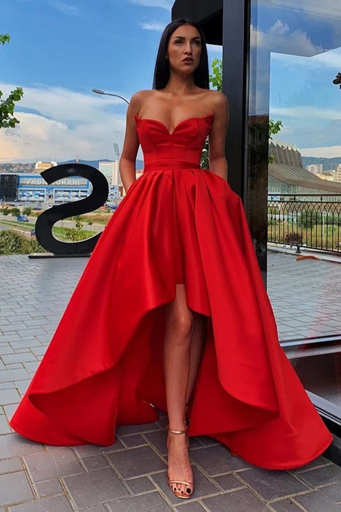 Elegant A Line Red Strapless High Low Prom Dresses with Pockets, Long Party Dresses SRS15148