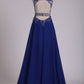 2024 Scoop Prom Dresses A Line With Applique & Beads Sweep Train Chiffon