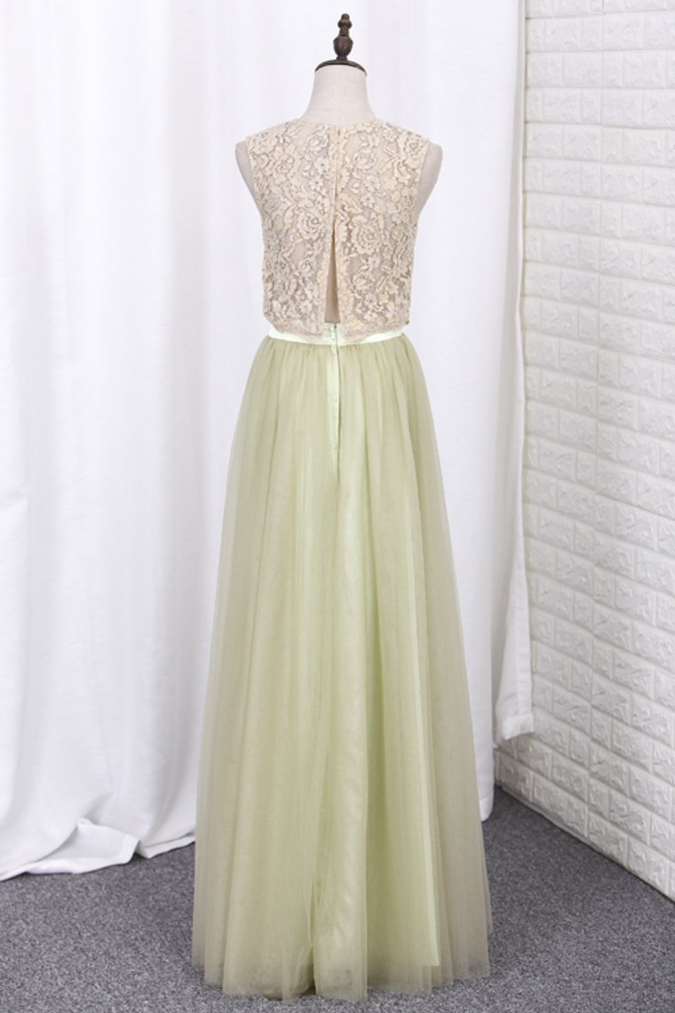2024 Floor Length Two Pieces Scoop Tulle & Lace A Line Bridesmaid Dresses