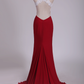 High Neck Sheath Spandex Prom Dresses With Applique And Beads Open Back