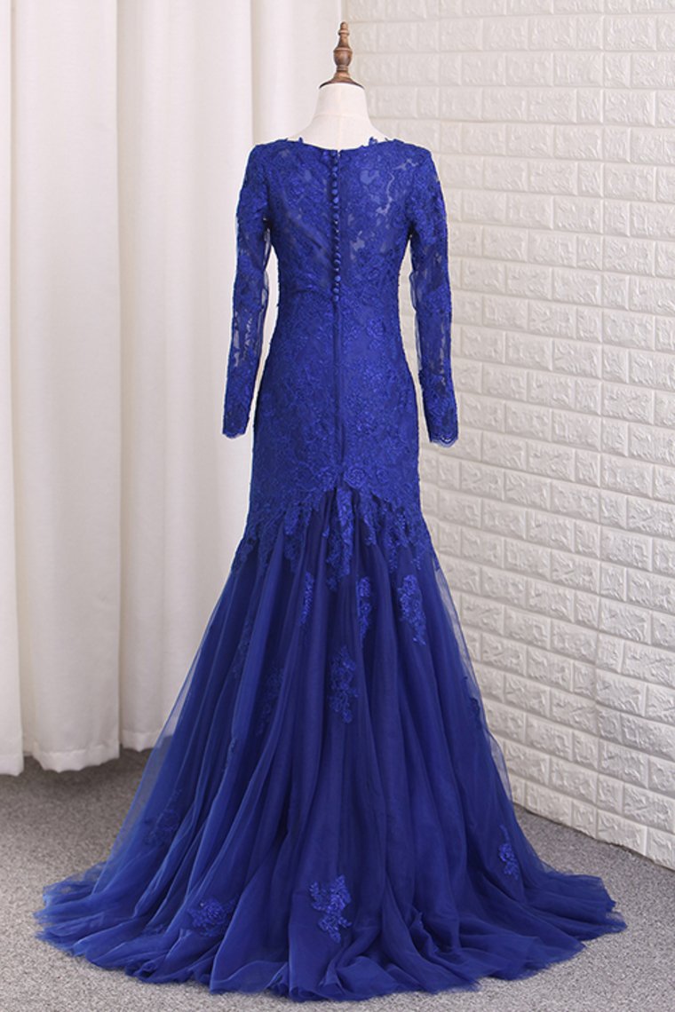 Prom Dresses V Neck Long Sleeves Tulle With Applique Mermaid