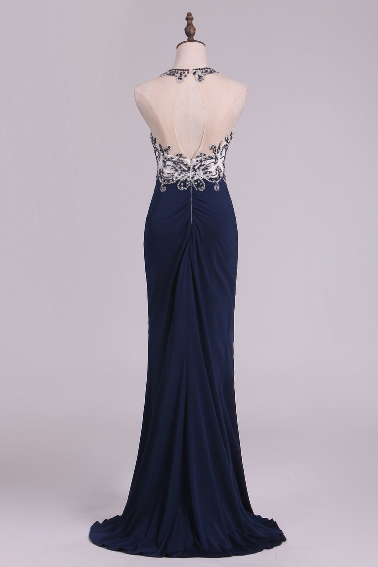 Sexy Open Back Prom Dresses Sheath Scoop Spandex With Beading And Slit