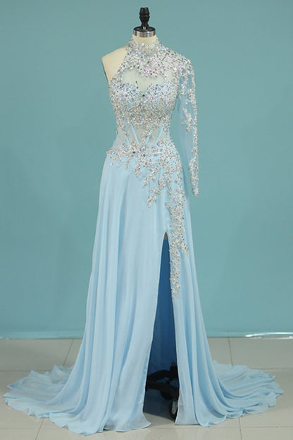 2024 New Arrival High Neck One Sleeve With Applique And Slit Prom Dresses