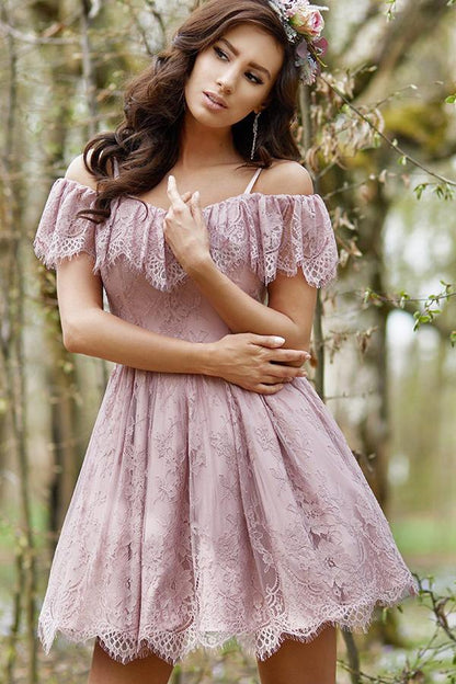 A-Line Cold Shoulder Purple Lace Homecoming Party Dress with Ruffles Prom Dresses SRS14965