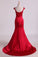 Mermaid Prom Dresses Scoop Satin & Tulle Burgundy/Maroon With Beading Sweep Train