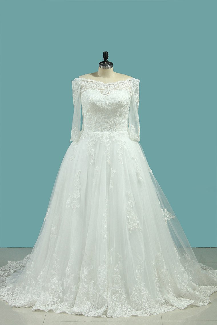 2024 A Line Boat Neck 3/4 Length Sleeves Wedding Dresses Tulle With Applique