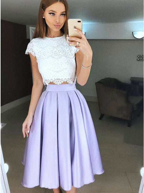 Two Piece Crew Tea-Length Lavender Prom Homecoming Dress with Lace Pleats,AP728