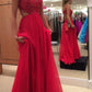 Spaghetti Strap Lace Bodice Red Chiffon Skirt Backless Prom Dress Red Long Formal Gown