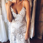 Summer Lace Backless Simple V Neck Ivory Spaghetti Straps Beach Wedding Dresses
