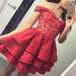 A Line Off the Shoulder Lace Red Satin Ruffles Layered Short Homecoming Dresses JS991