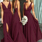 A Line Burgundy V Neck Ruffles Slit Bridesmaid Dresses Long Cheap Prom Dresses