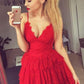 A Line Red V Neck Spaghetti Straps Homecoming Dresses with Lace Short Prom Dresses JS861
