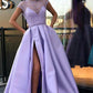 A Line Stunning Satin Beads Cap Sleeves Prom Dresses with High Slit Pockets