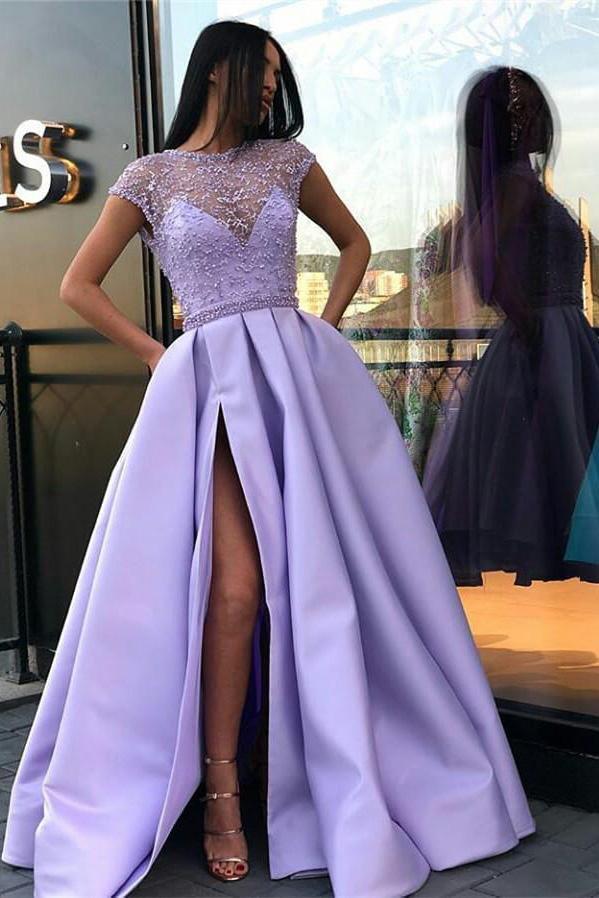A Line Stunning Satin Beads Cap Sleeves Prom Dresses with High Slit Pockets