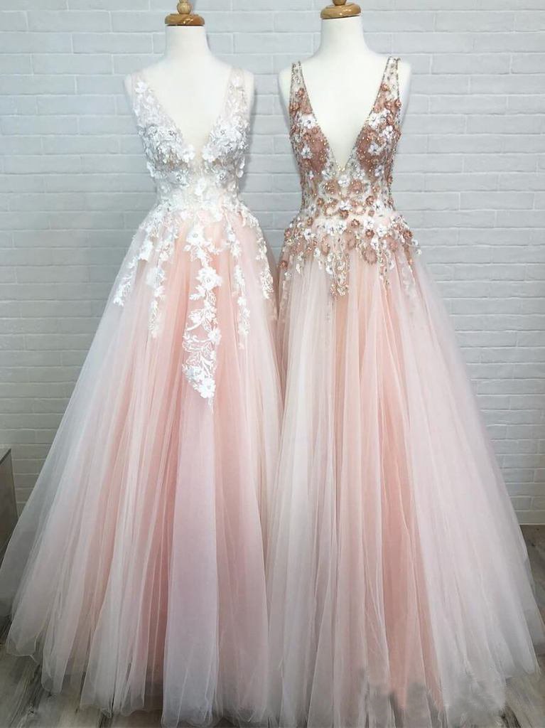 A Line Tulle V Neck Prom Dresses Beads Pink Lace Appliques Backless Evening Dresses