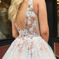 A Line Tulle V Neck Prom Dresses Beads Pink Lace Appliques Backless Evening Dresses