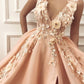 A line Pink V Neck Prom Dresses with Slit Lace Appliques Prom Gowns