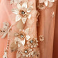 A line Pink V Neck Prom Dresses with Slit Lace Appliques Prom Gowns