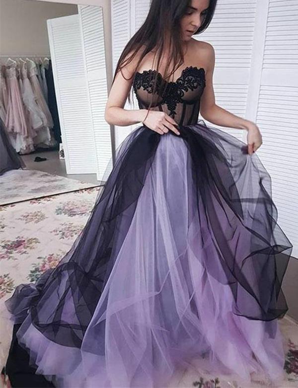 A line Sweetheart Strapless Tulle Sleeveless Lilac Prom Dresses With Appliques Formal Dress JS462