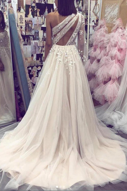 A line Tulle One Shoulder Prom Dresses with Sleeves 3D Flowers Evening Dress